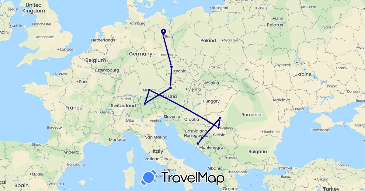 TravelMap itinerary: driving in Austria, Bosnia and Herzegovina, Czech Republic, Germany, Serbia (Europe)